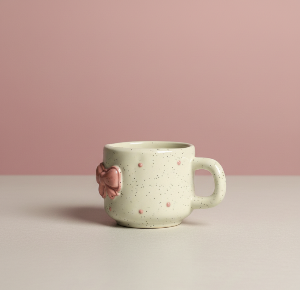 Speckled ceramic mug with a pink bow design on a light beige background