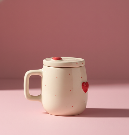 Ceramic mug with heart designs and lid