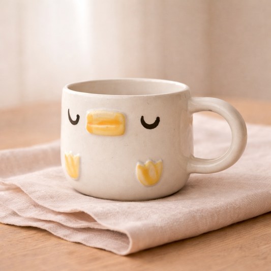 sleepy duck illustration on a handcrafted ceramic coffee mug