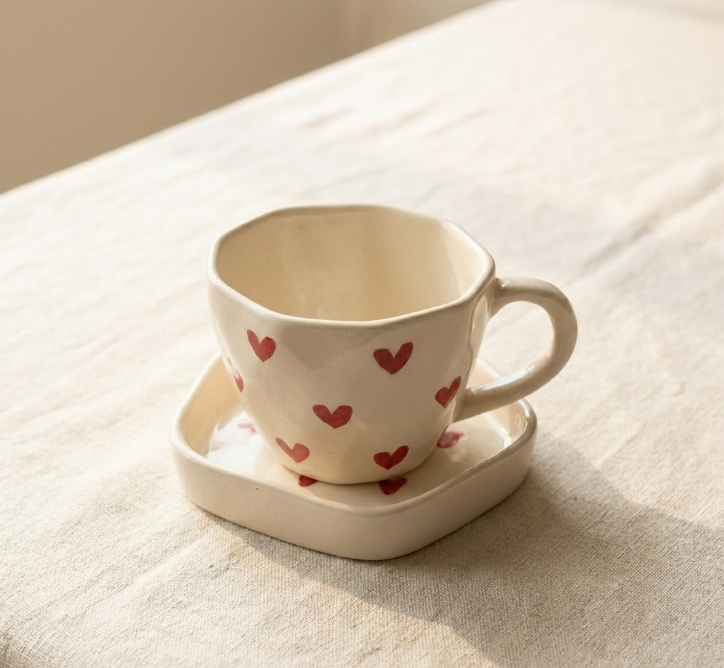 Handcrafted ceramic coffee mug with matching saucer in minimalist design