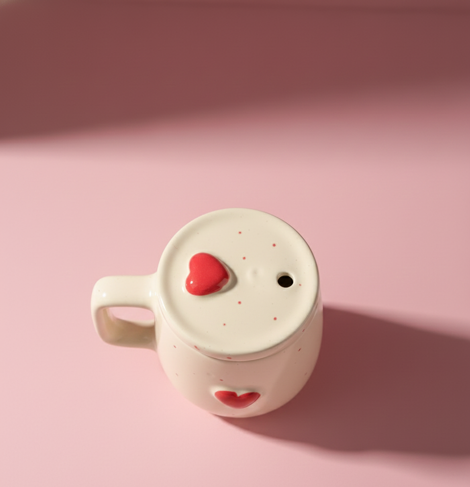 Ceramic mug with a heart-shaped design on a warm white background