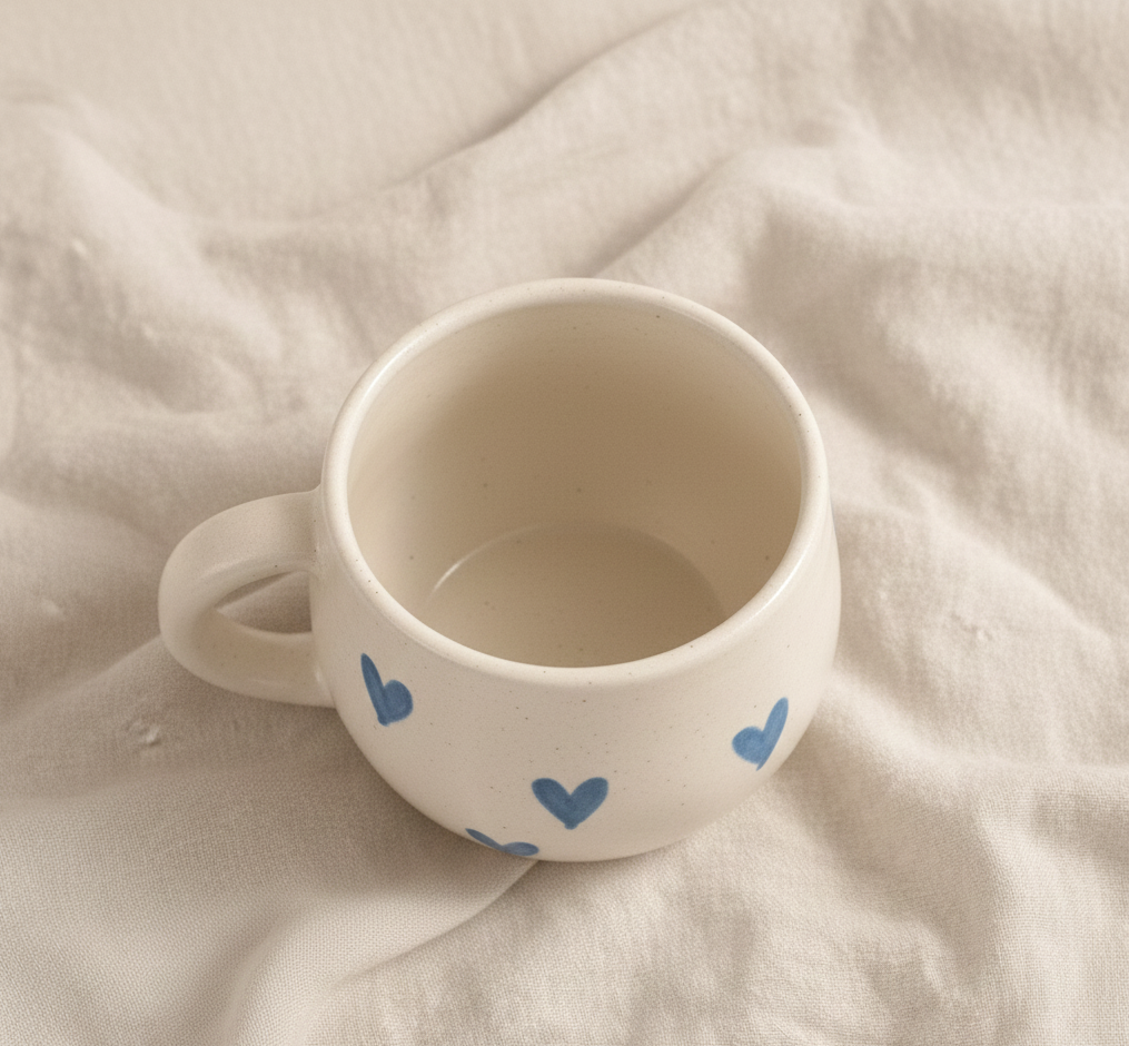 Handcrafted ceramic coffee mug with a soft blue bow design, minimal and cozy tableware