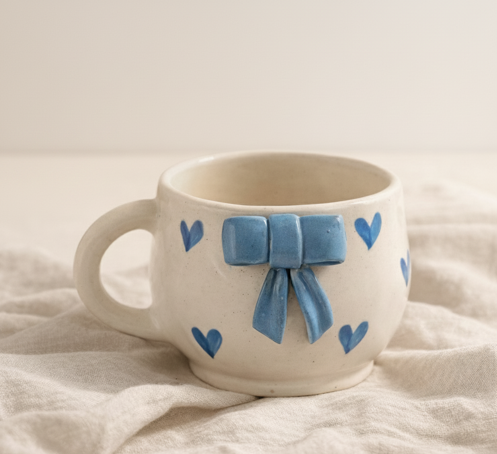 Ceramic mug with a blue bow and hearts, perfect for gifts