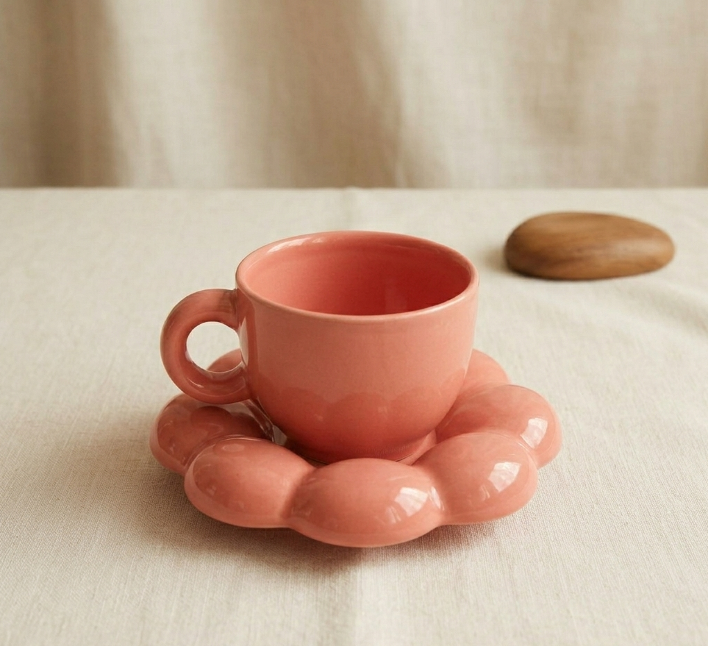 Ceramic Bubble Coffee Mug with Flower Saucer Set