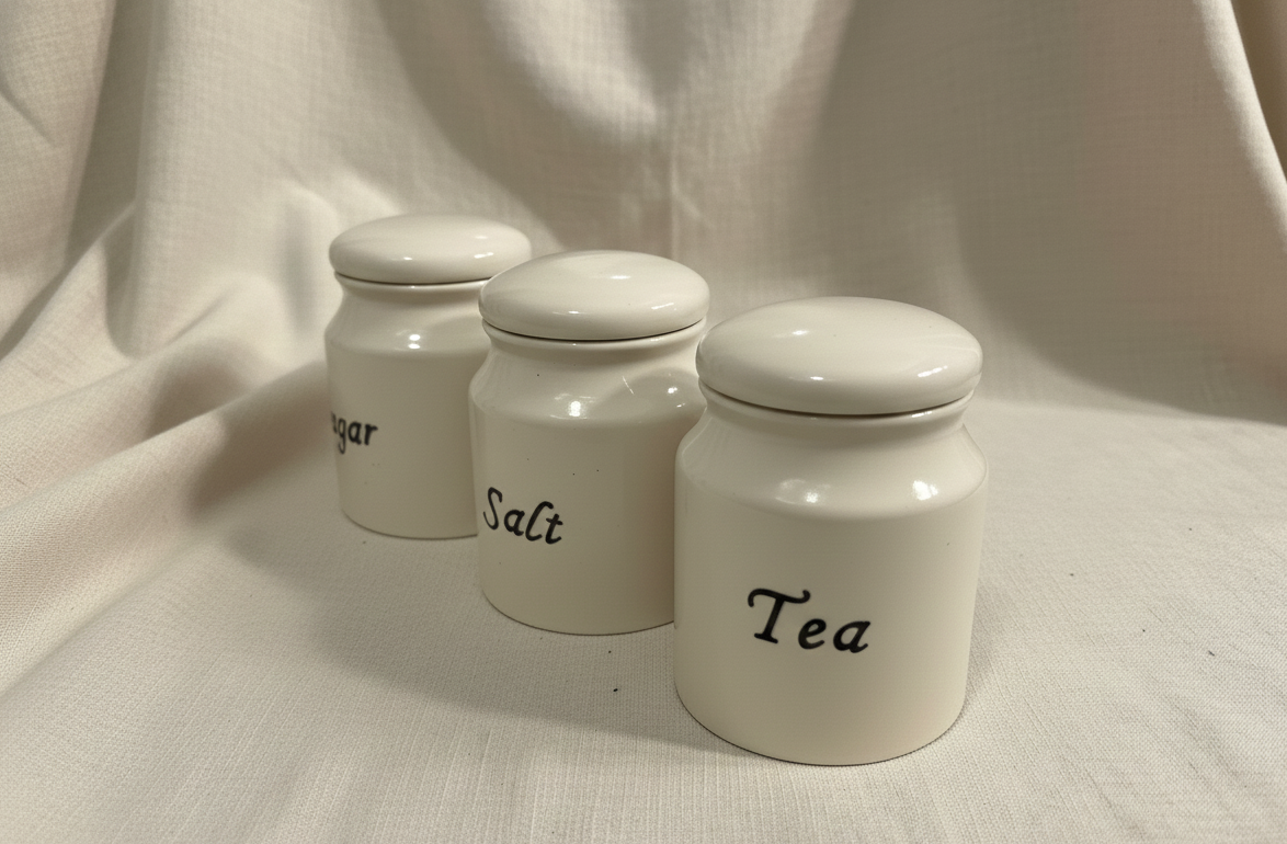 Three white ceramic canisters labeled 'Sugar', 'Salt', and 'Tea' on a beige fabric background.