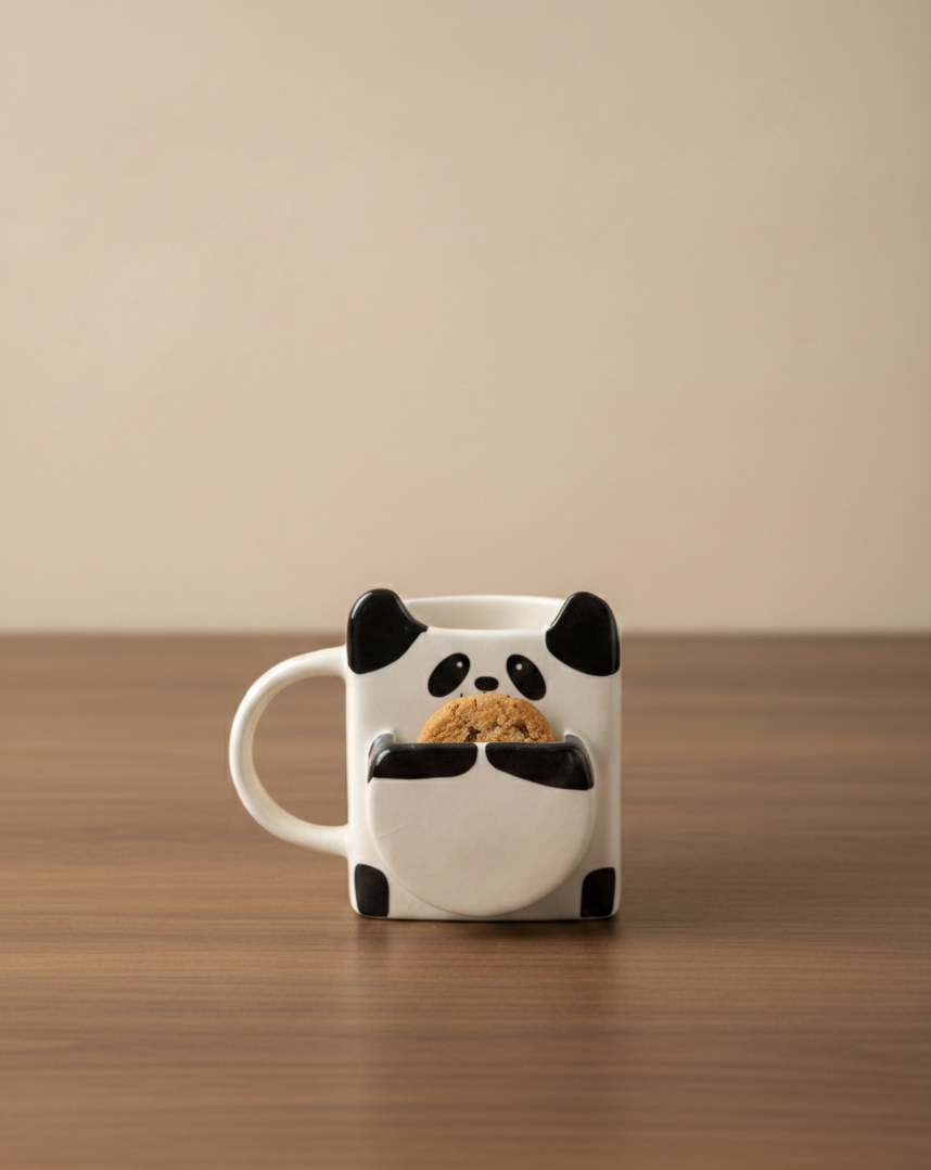 Adorable Panda mug holding a cookie 