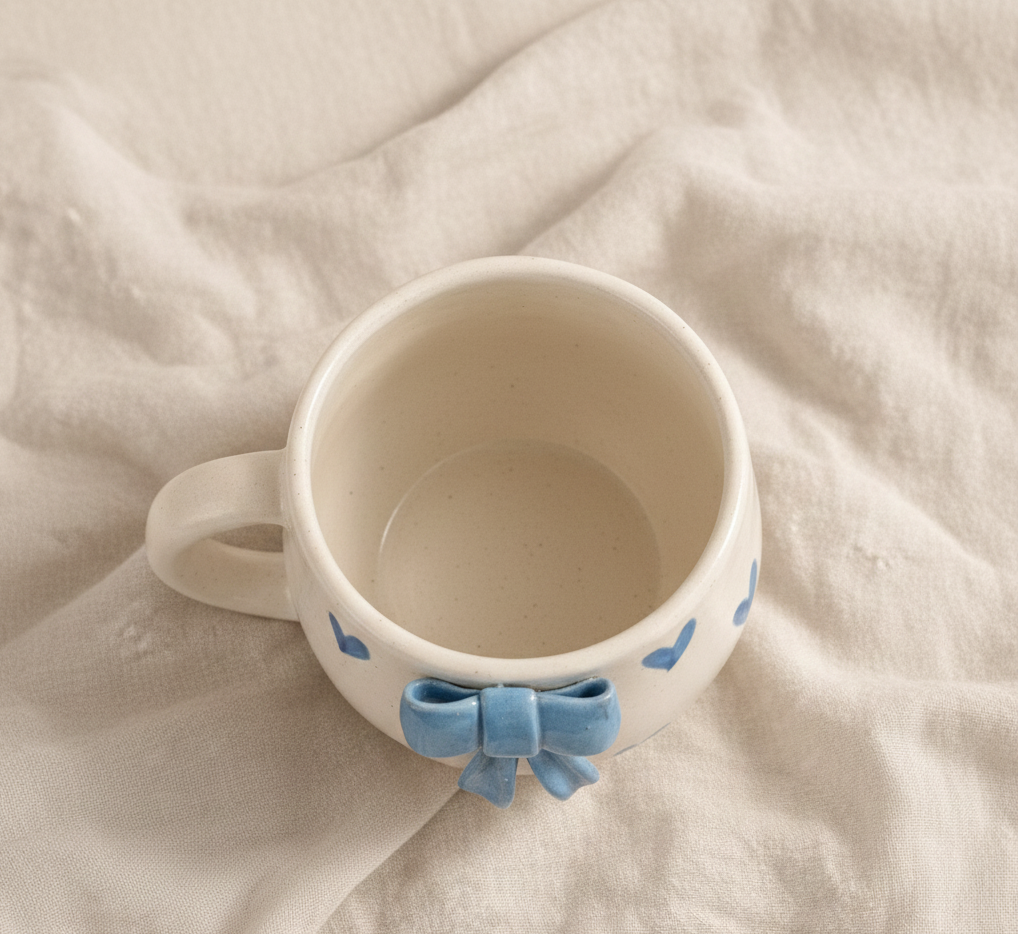 Ceramic mug with a blue bow decoration on a soft background