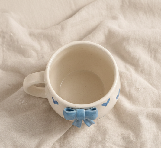 Ceramic mug with a blue bow decoration on a soft background