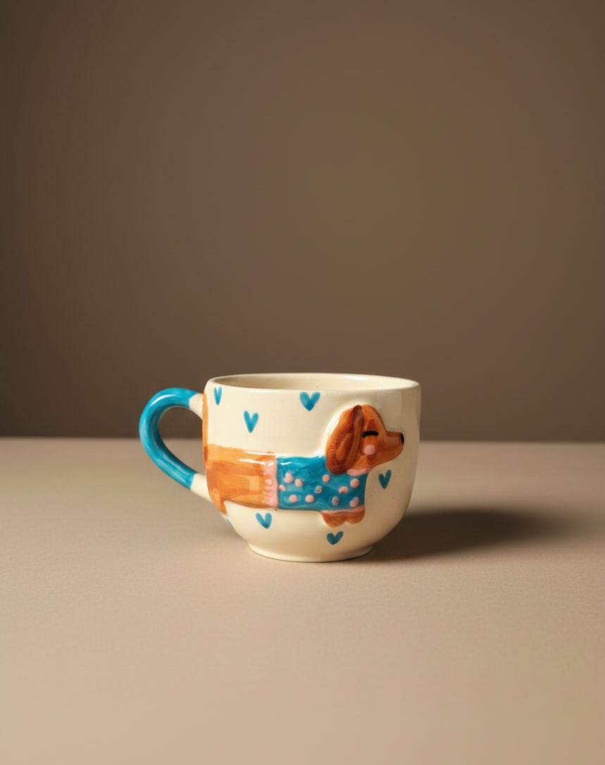 Coffee Ceramic mug with a dog design on a beige surface and brown background