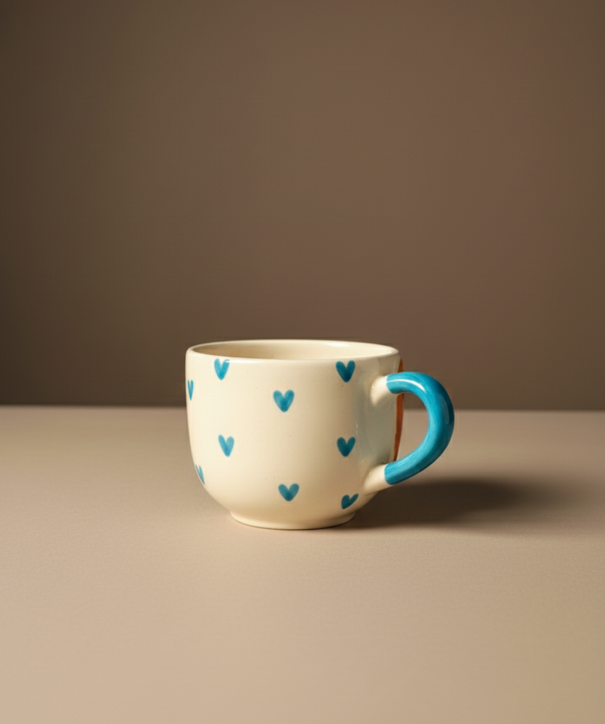 Ceramic mug with blue heart patterns and a dog design.
