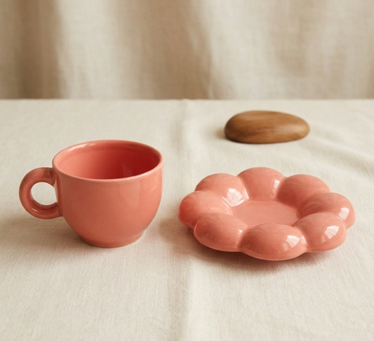 Ceramic Bubble Coffee Mug with Flower Saucer Set