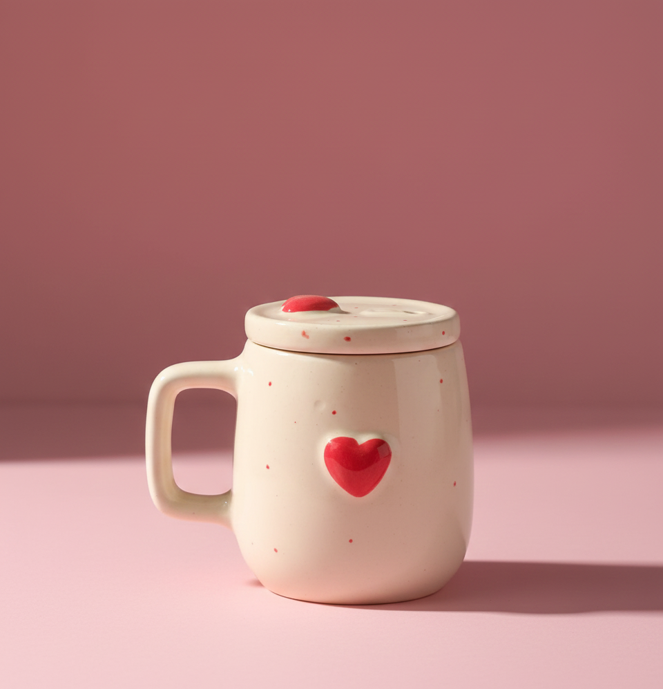 Ceramic coffee mug with a heart design on a beige background