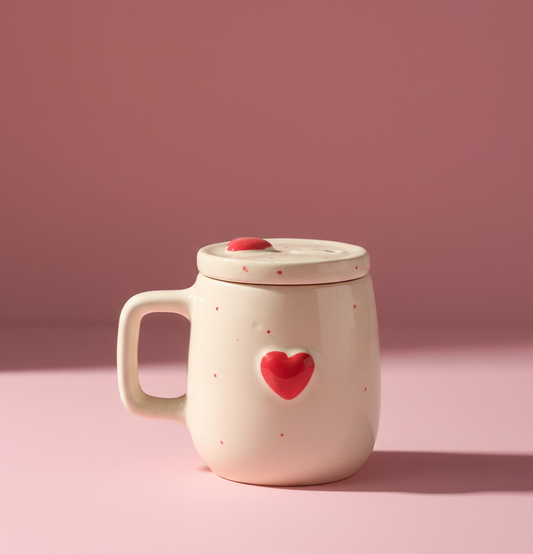 Ceramic coffee mug with a heart design on a beige background