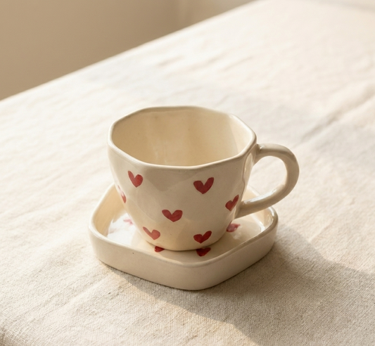 Handcrafted ceramic cup and saucer set with a soft love-inspired design, warm minimal tableware