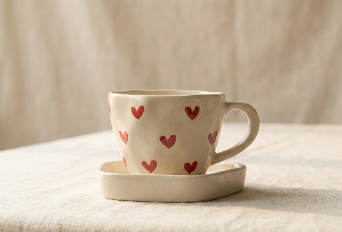 Little Love ceramic cup and saucer set styled in a cozy, warm home setting