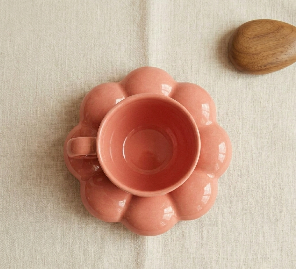 Ceramic Bubble Coffee Mug with Flower Saucer Set