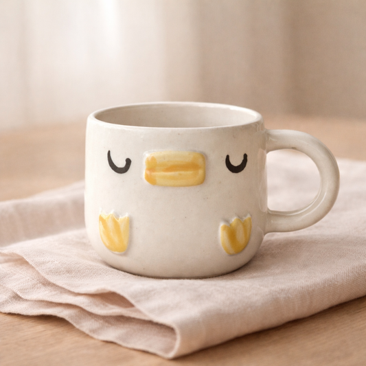 Handcrafted ceramic coffee mug featuring a sleepy duck illustration, cozy minimal tableware for everyday use