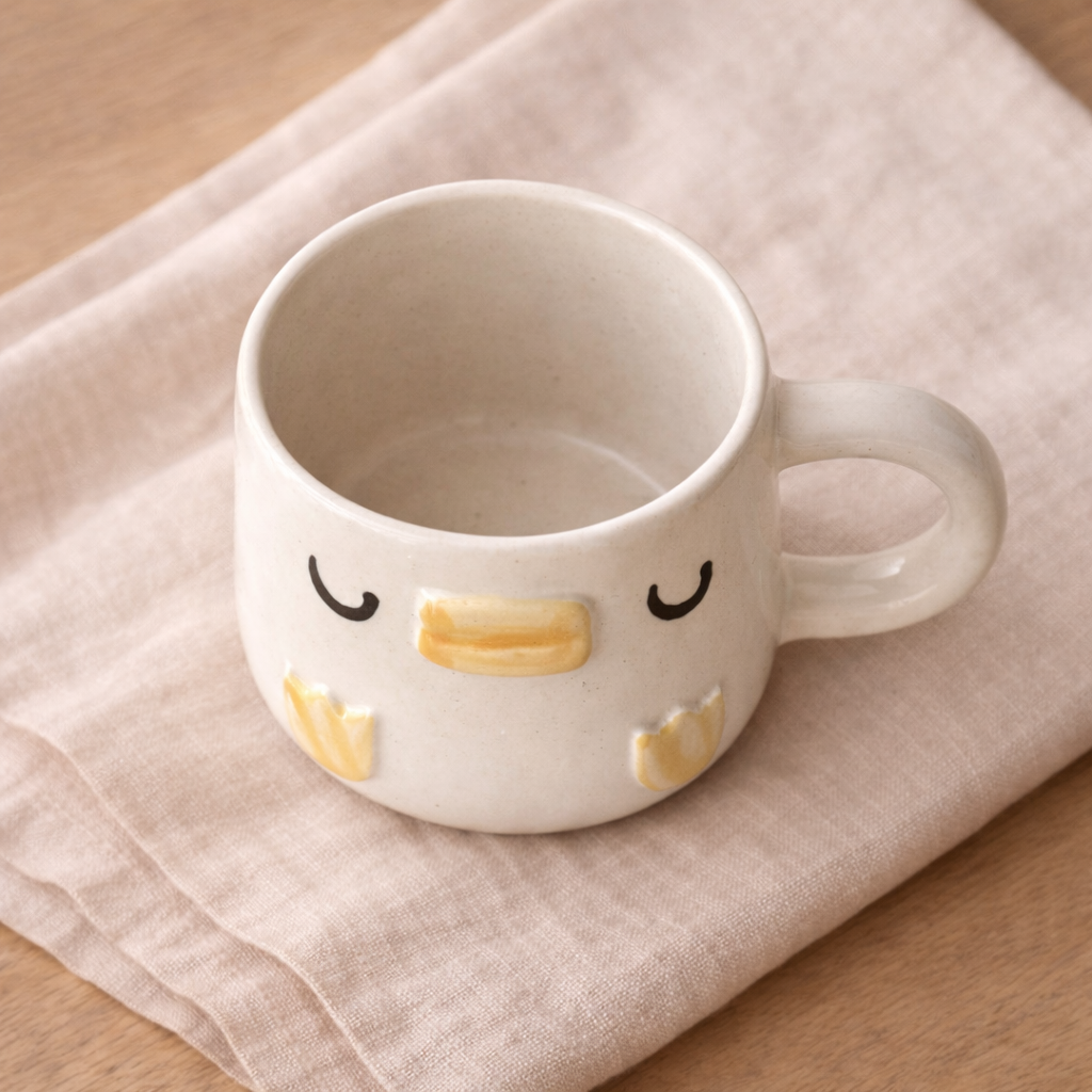 Sleepy duck ceramic coffee mug styled in a warm, cozy home setting
