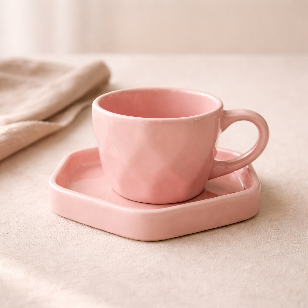 Handcrafted ceramic coffee mug in a soft pink tone, warm minimal design for cozy mornings