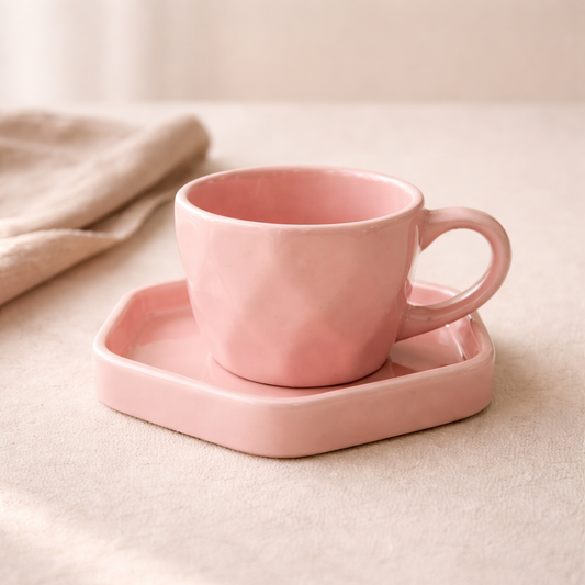Handcrafted ceramic coffee mug in a soft pink tone, warm minimal design for cozy mornings