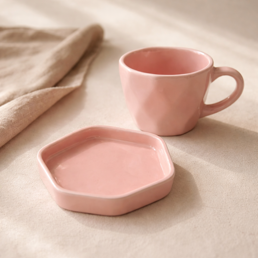 Soft pink ceramic coffee mug styled with coffee in a warm, cozy home setting